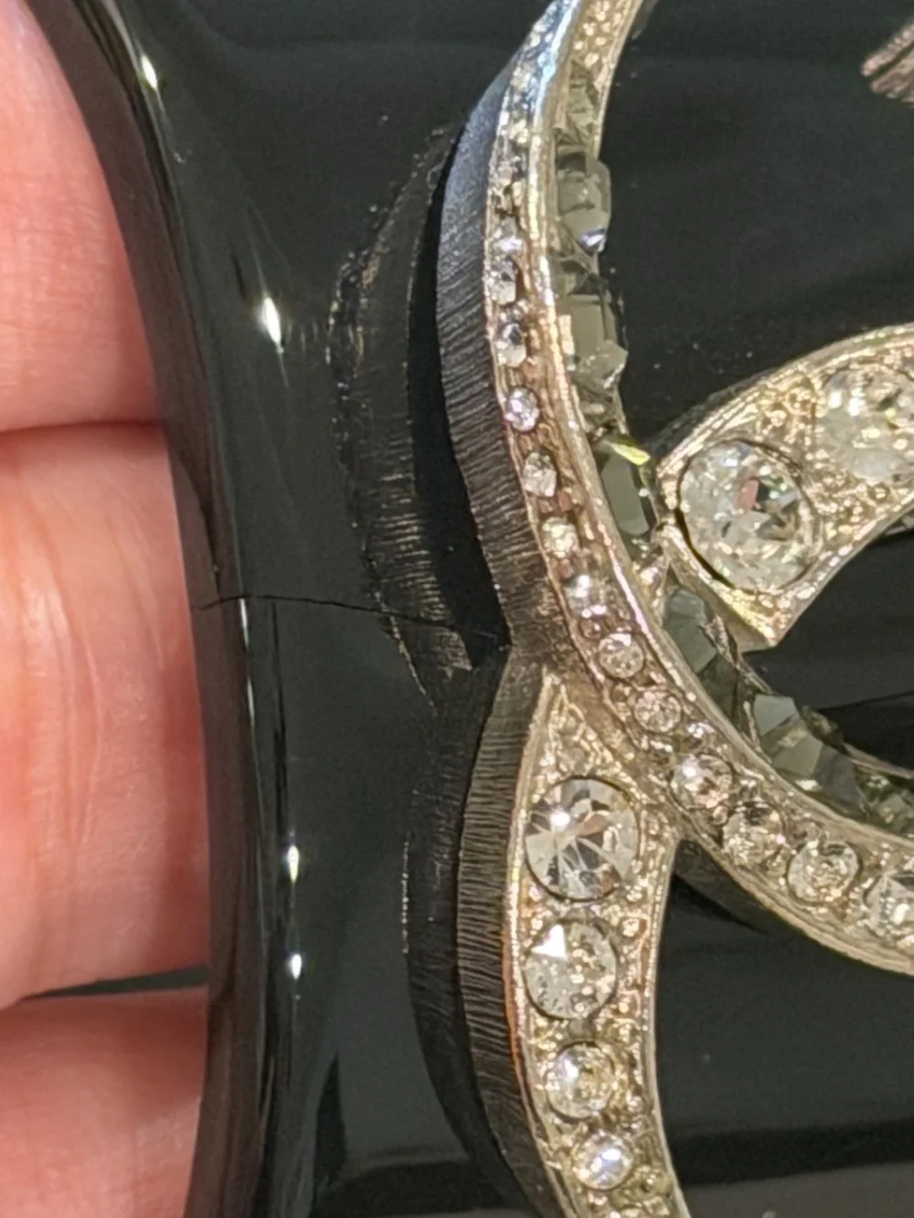 Chanel Black Resin wide cuff bracelet with interlocking CC crystal logo